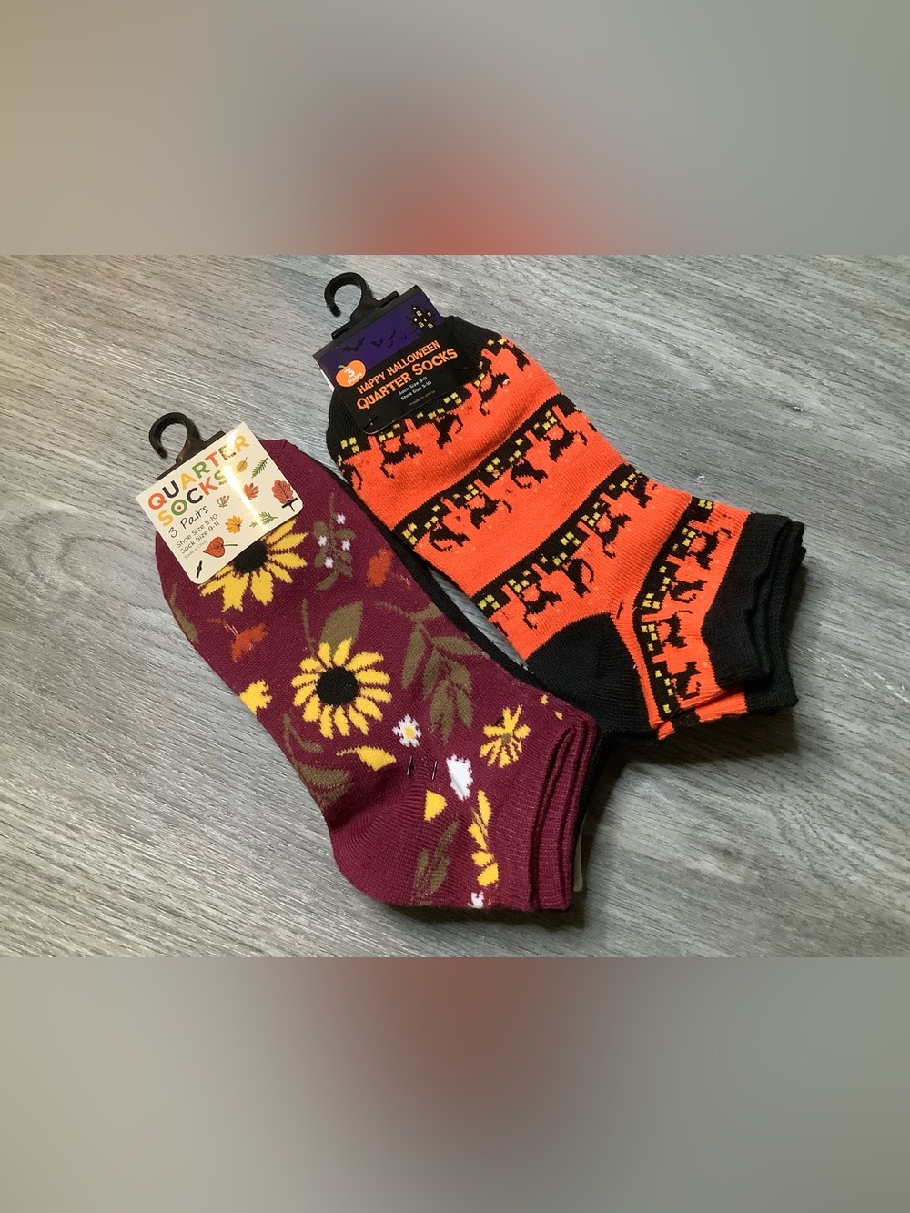 Women's Halloween Cat & Sunflower Quarter Sock Duo - Orange, Black & Burgundy